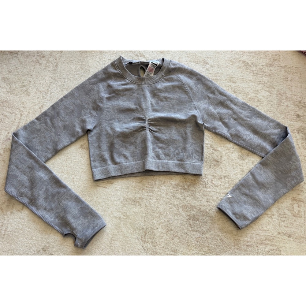 Gymshark Adapt Camo Seamless Long Sleeve Crop Top Grey Camouflage Medium